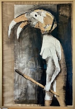 old woman as hadeda with stick