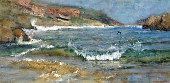 robberg shoreline with oystercatcher 100cm x 200cm oil on canvas copy
